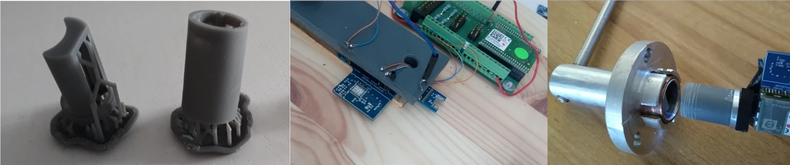 3D printed parts; the setup for programming the sensor and testing its firmware; the real prototype